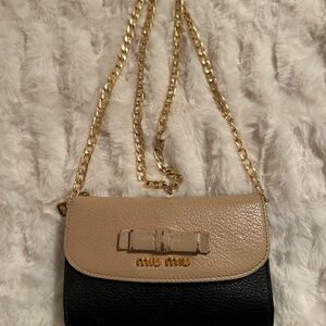 Miu Miu Tan and Black Crossbody Bag with Gold Chain